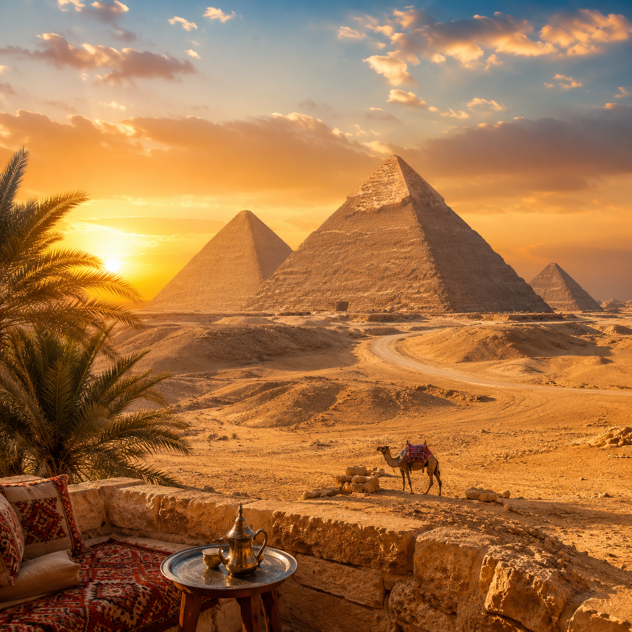 The pyramids of Giza at sunset with a camel in the foreground, Egypt