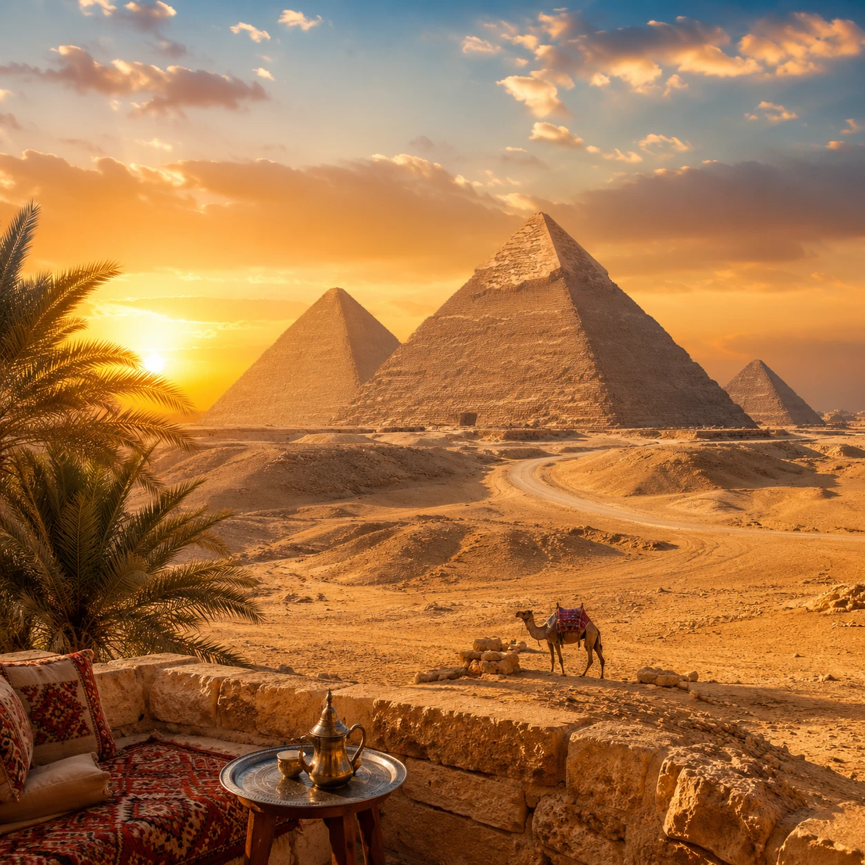 The pyramids of Giza at sunset with a camel in the foreground, Egypt