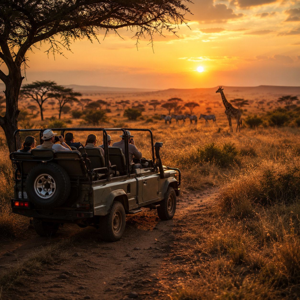 Safari vehicle watching a giraffe and zebras at sunset in the Kenyan savanna