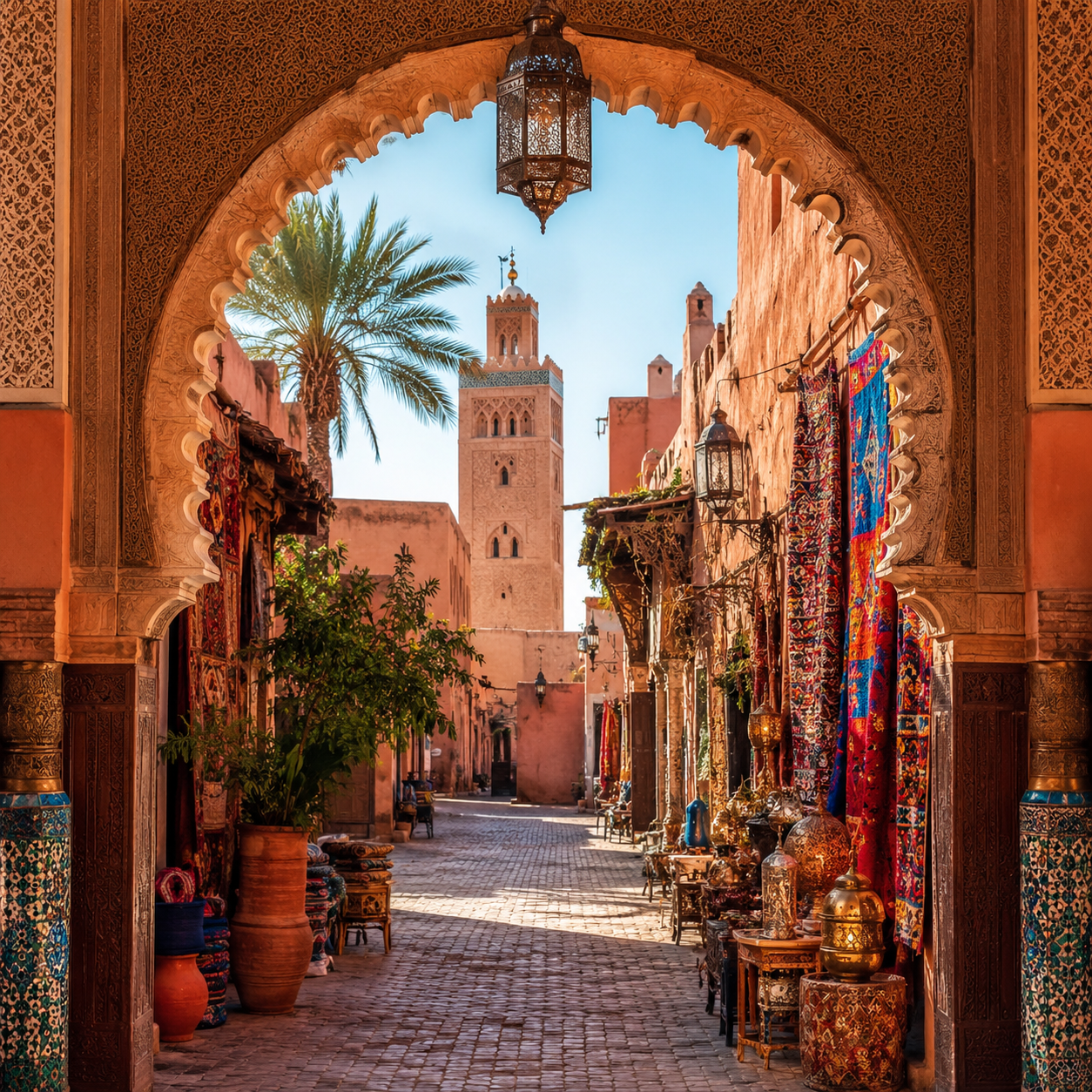 Ornate archway into the Marrakech medina with a lantern and palm tree, Morocco