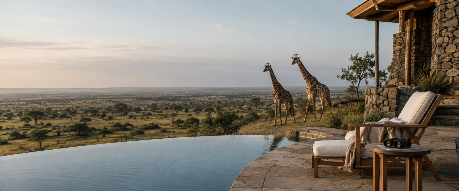 Two giraffes beside a safari lodge infinity pool overlooking the open savanna at dawn