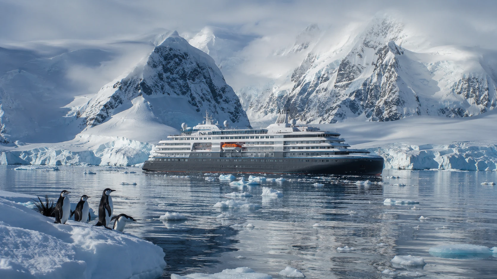 Expedition ship among icebergs with chinstrap penguins on the ice in Antarctica