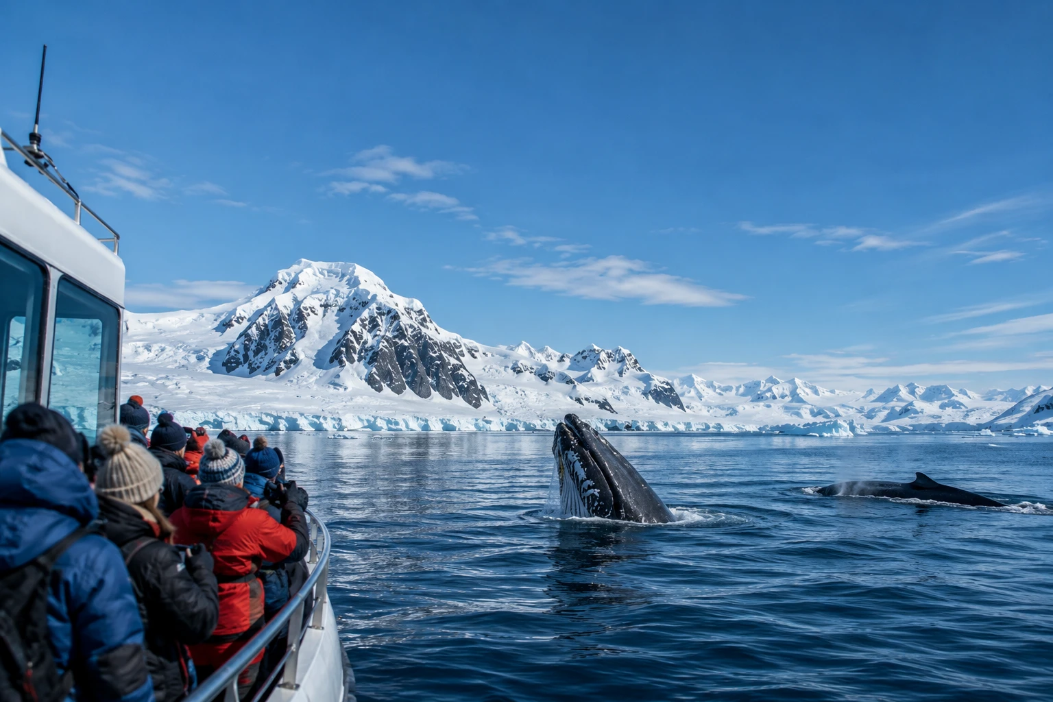 Travellers on a boat watching humpback whales surface beside snow-covered Antarctic peaks