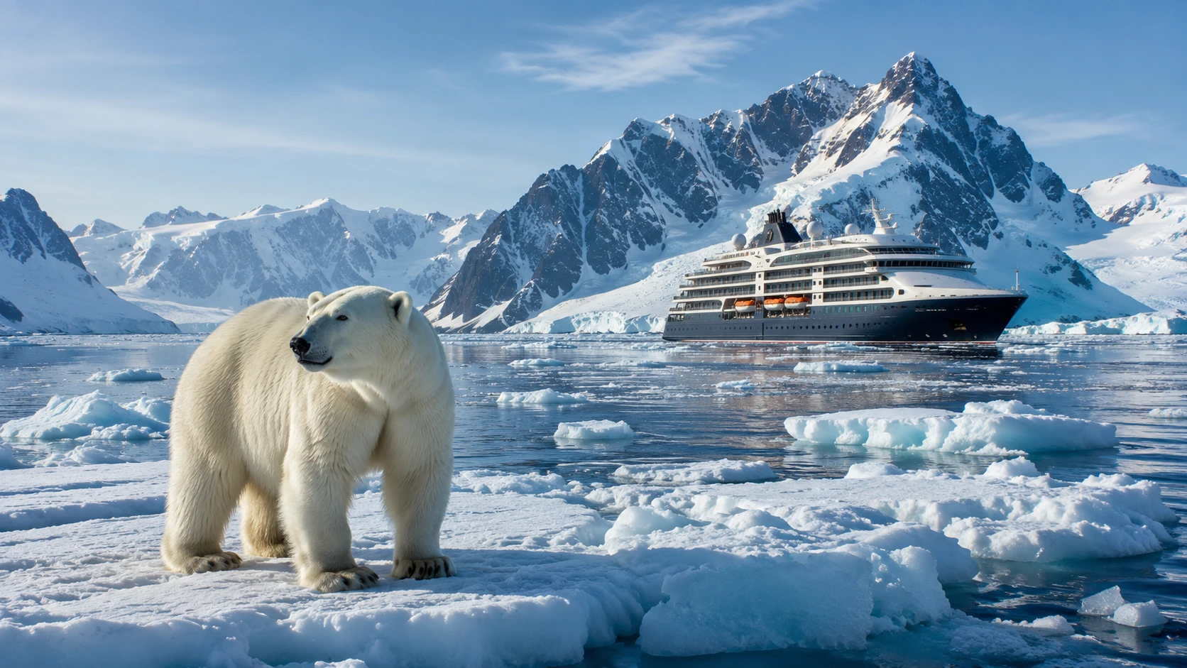 Polar bear on pack ice with an expedition ship and snow-capped peaks beyond, Svalbard