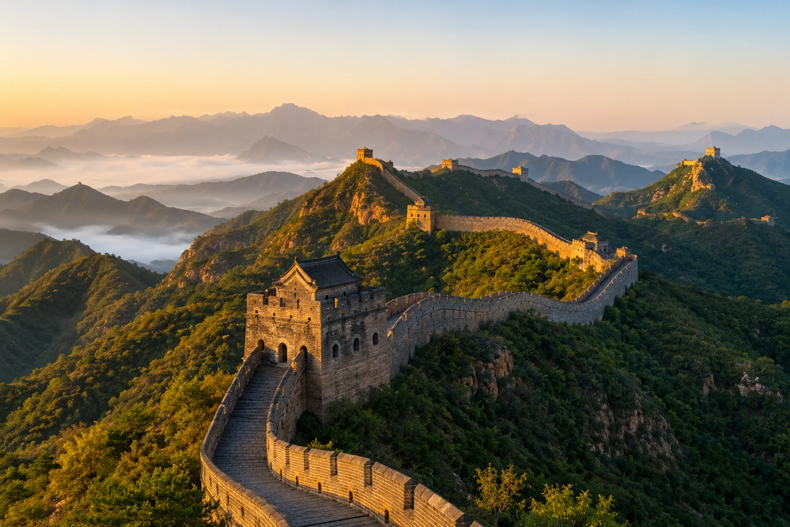 The Great Wall of China winding over green mountains above a sea of cloud at sunrise