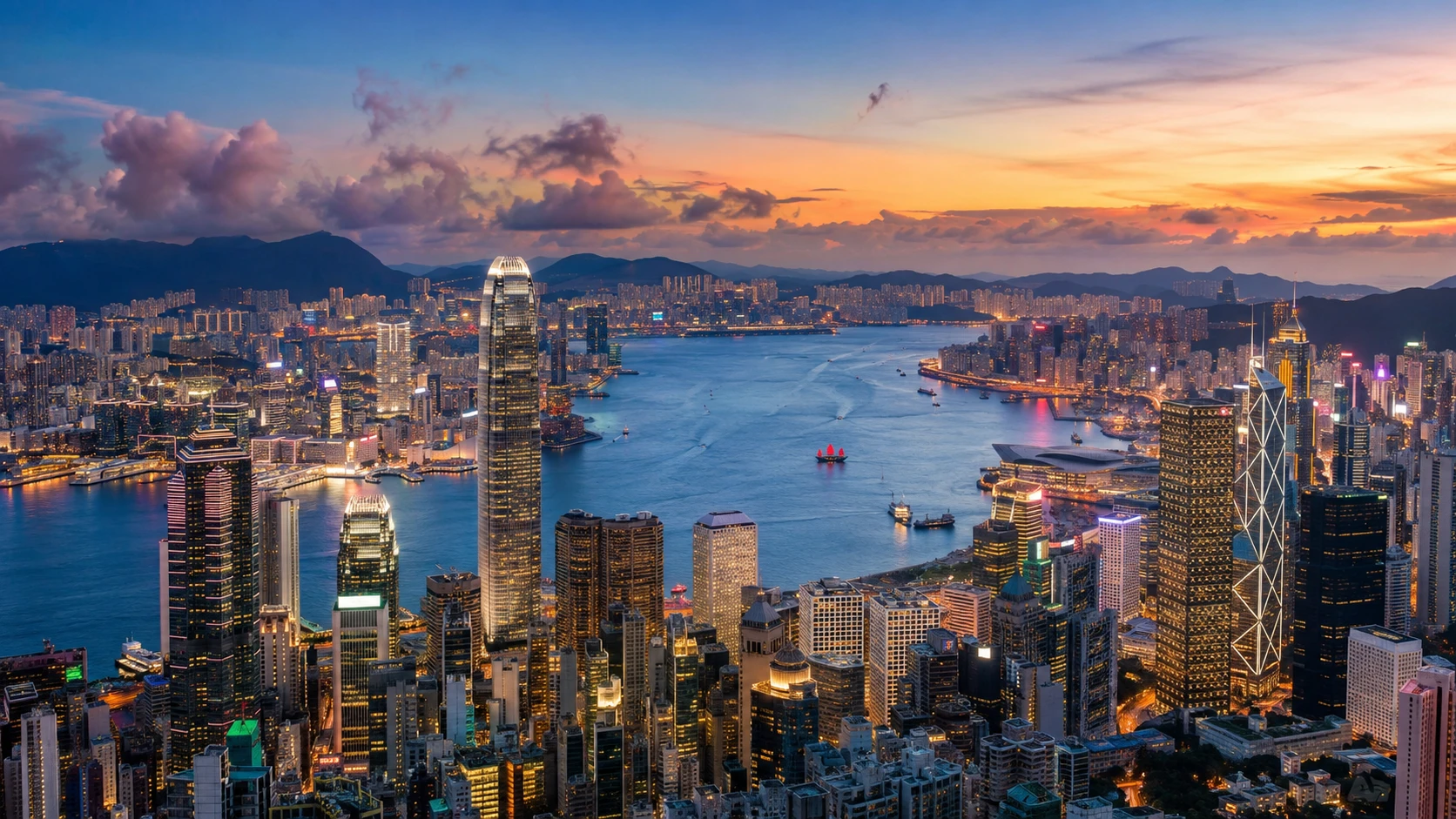 Victoria Harbour and the Hong Kong skyline at sunset