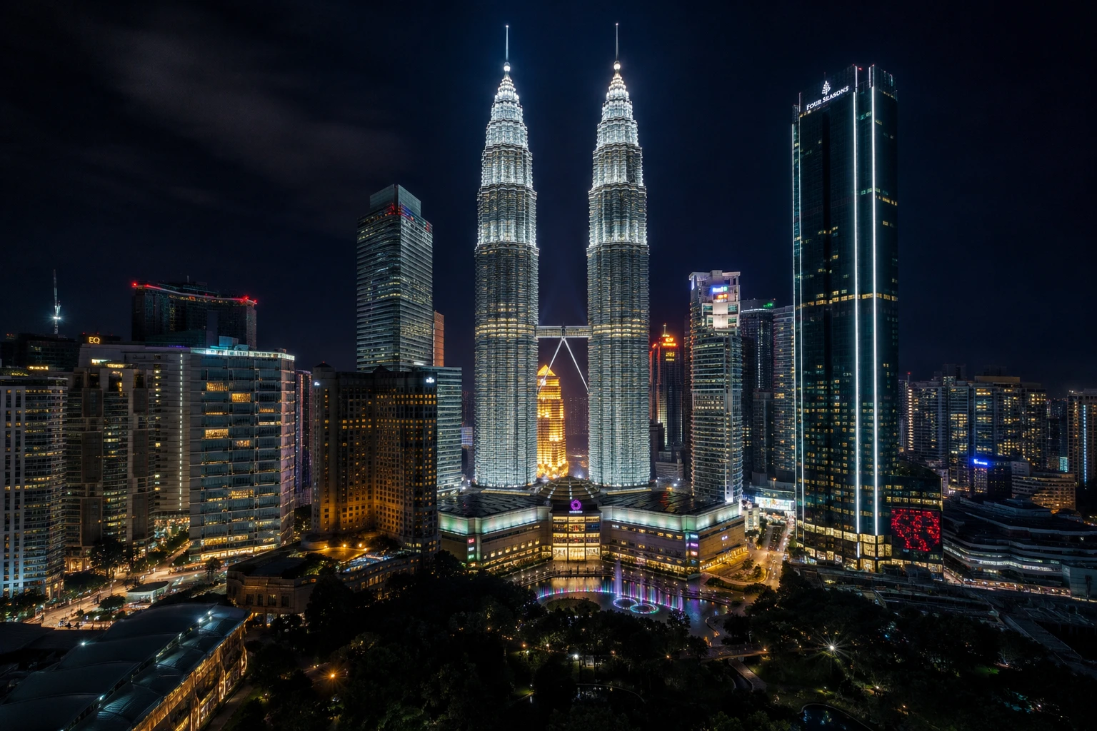 The Petronas Twin Towers lit at night, Kuala Lumpur, Malaysia