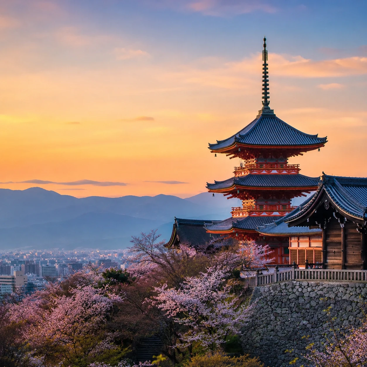 Pagoda framed by cherry blossom at sunset, Kyoto, Japan
