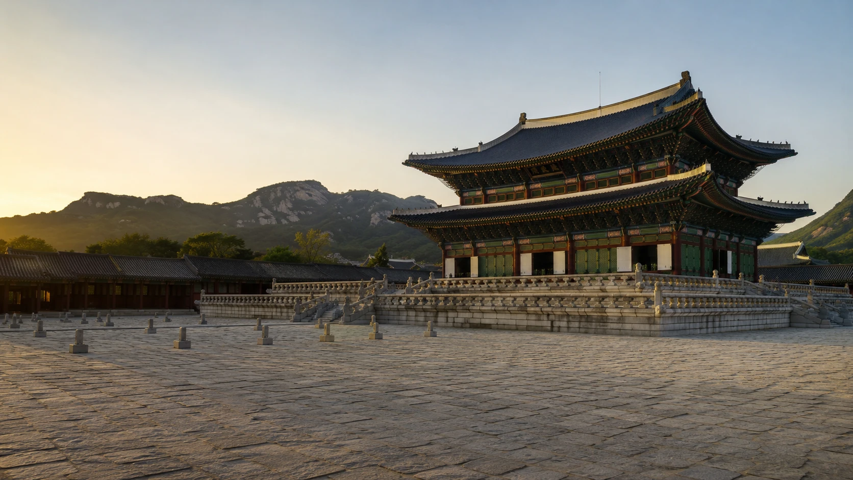 Gyeongbokgung Palace at sunrise with mountains beyond, Seoul, South Korea
