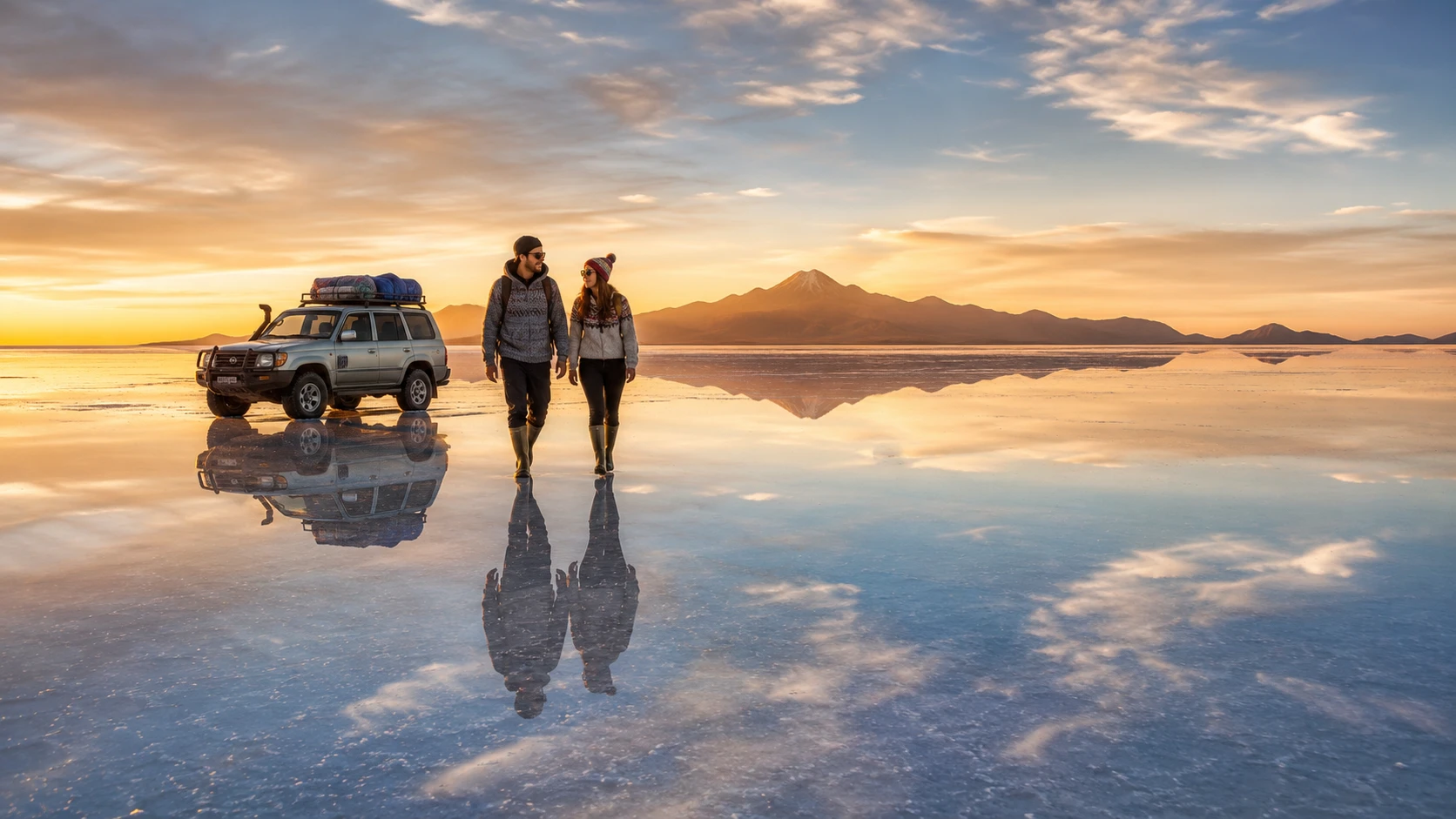 Travelers and a 4x4 reflected on the mirrored Salar de Uyuni salt flats at sunset, Bolivia