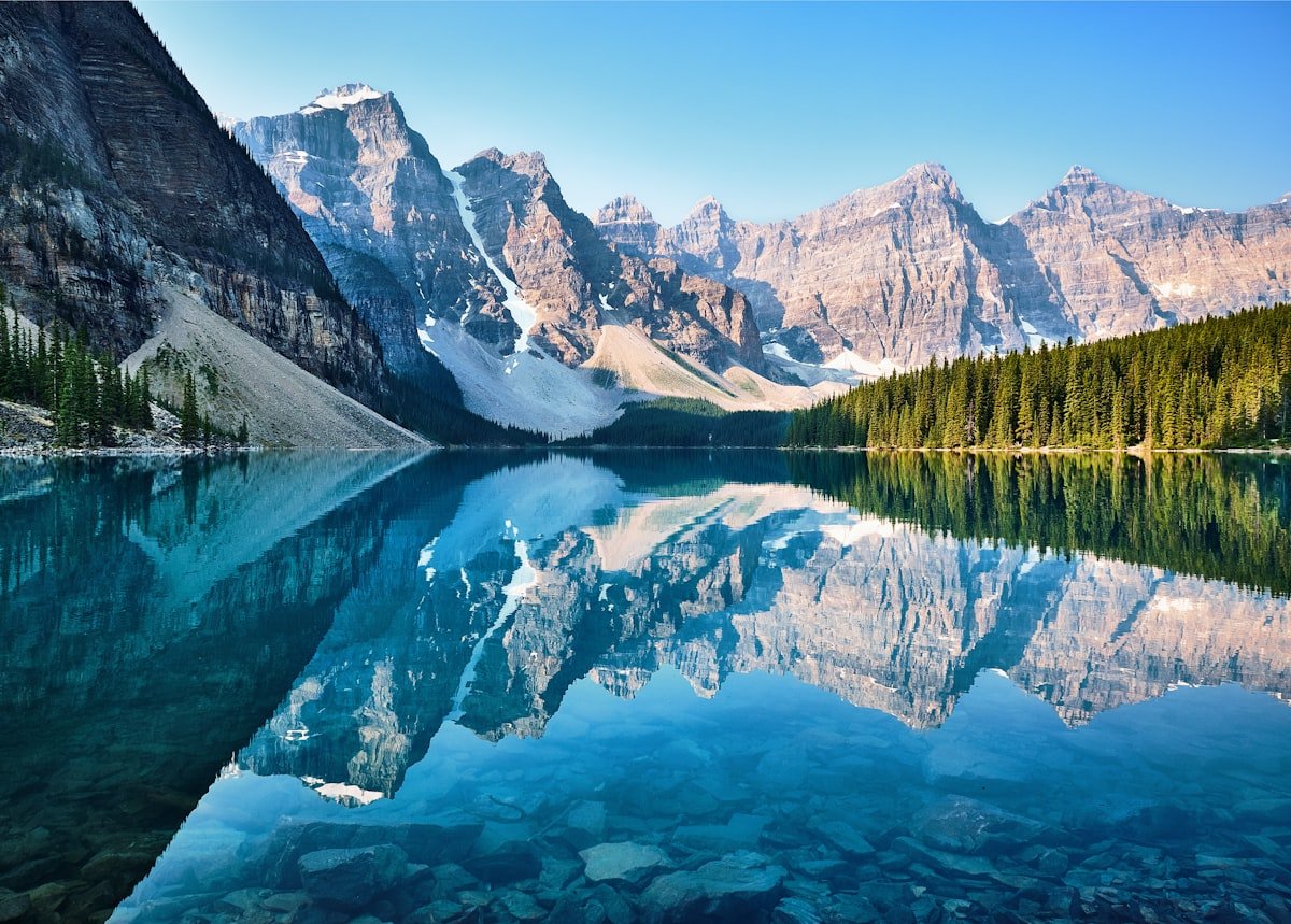 Turquoise lake beneath snow-capped mountains, Banff, Canadian Rockies