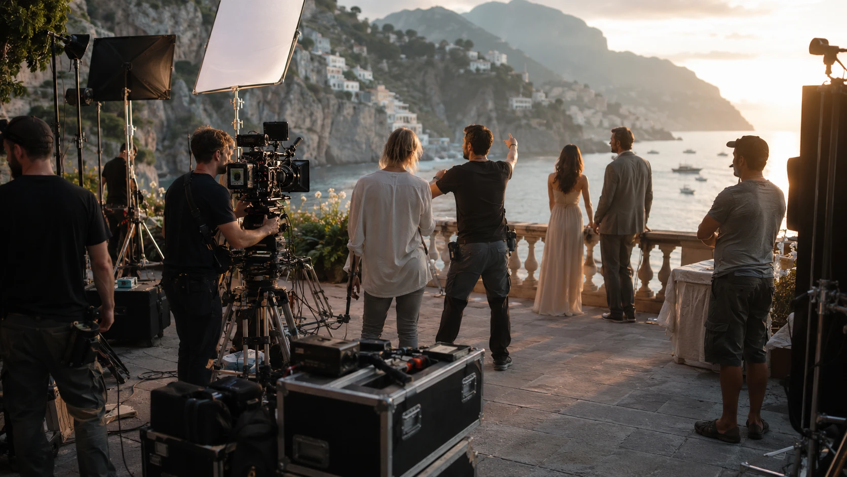 A film crew filming a scene on a terrace overlooking the coast at sunset