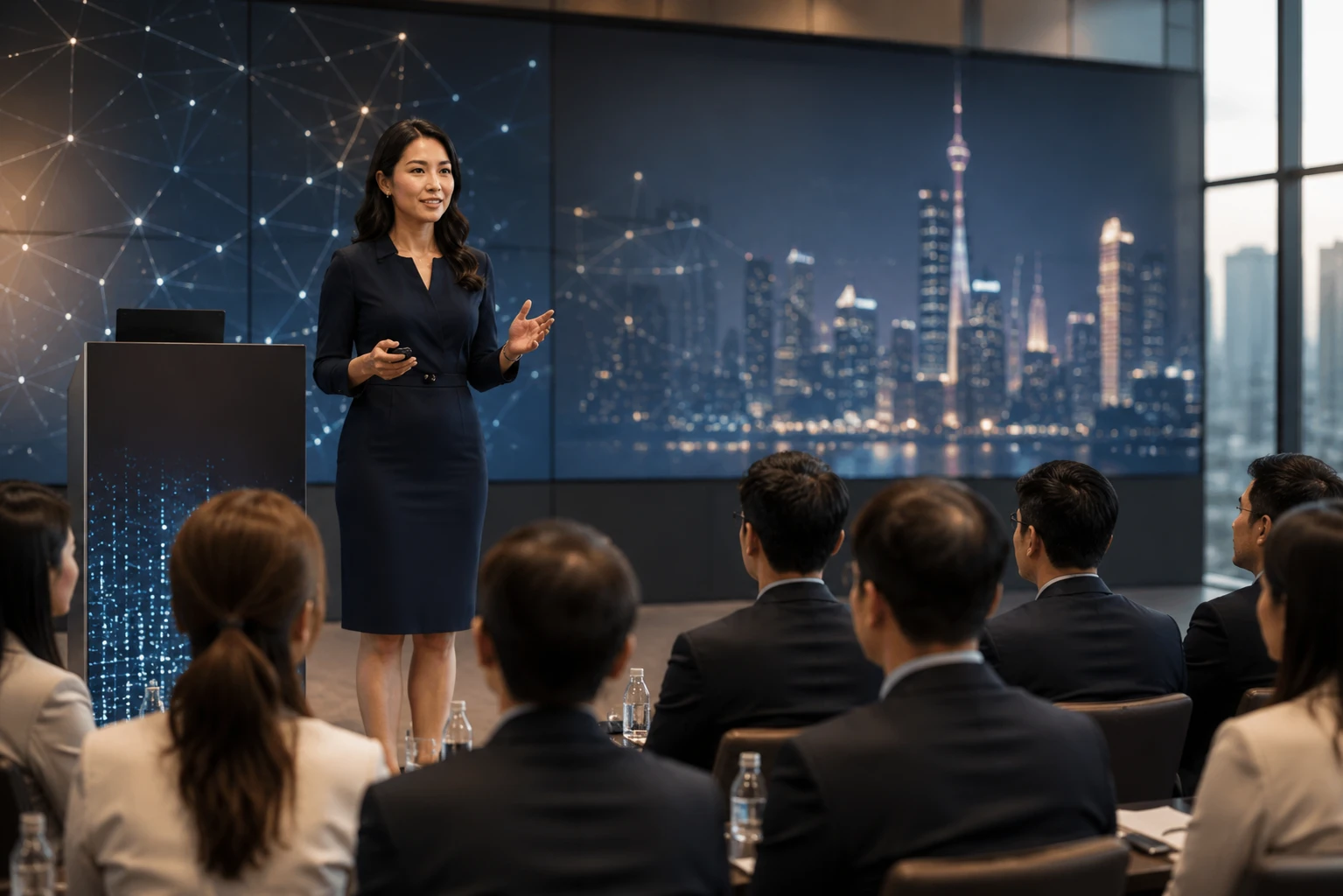 A speaker presenting at a technology summit with the Shanghai skyline on screen behind her