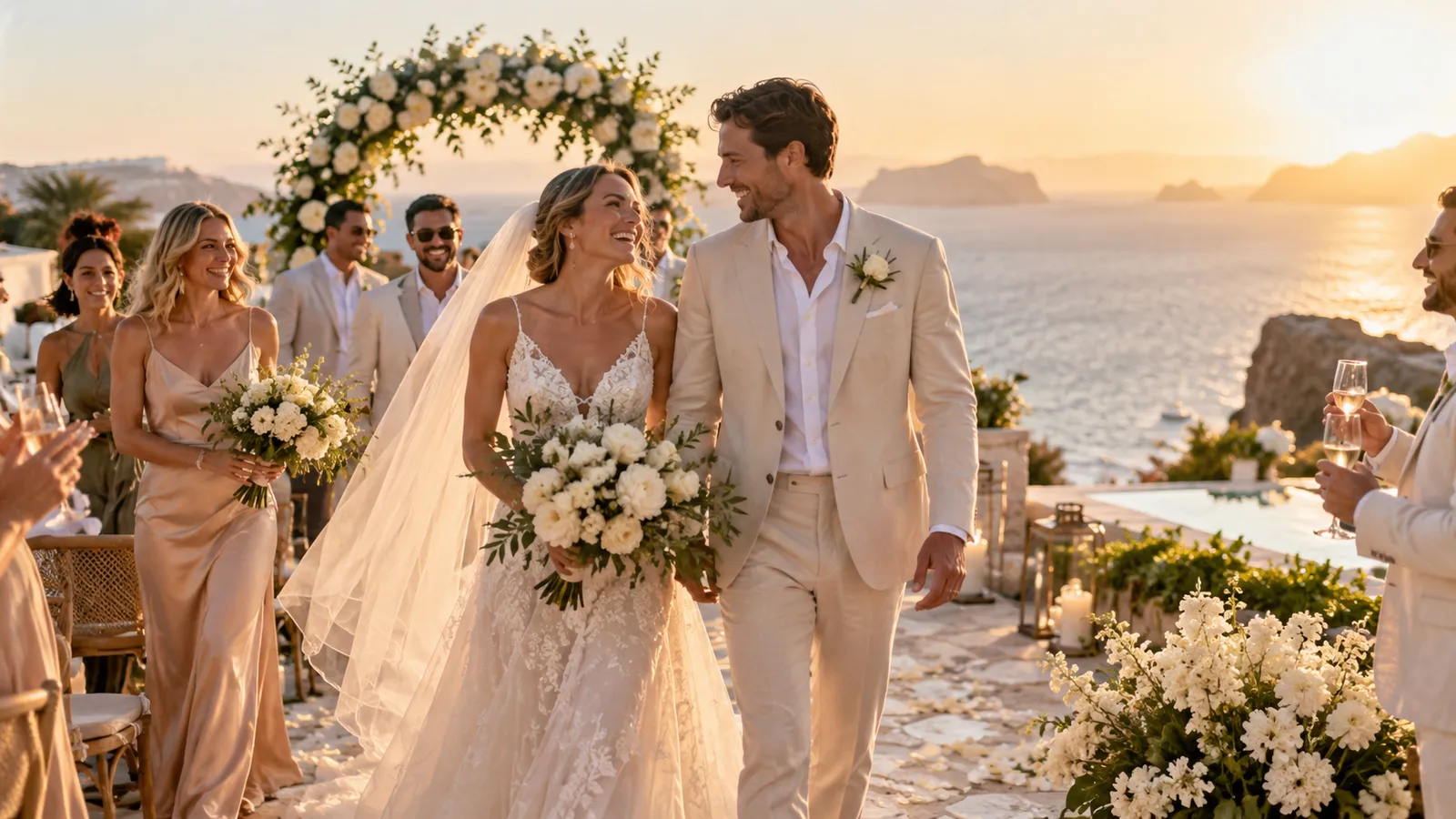 A newlywed couple walking from a floral arch on a clifftop terrace above the sea at sunset