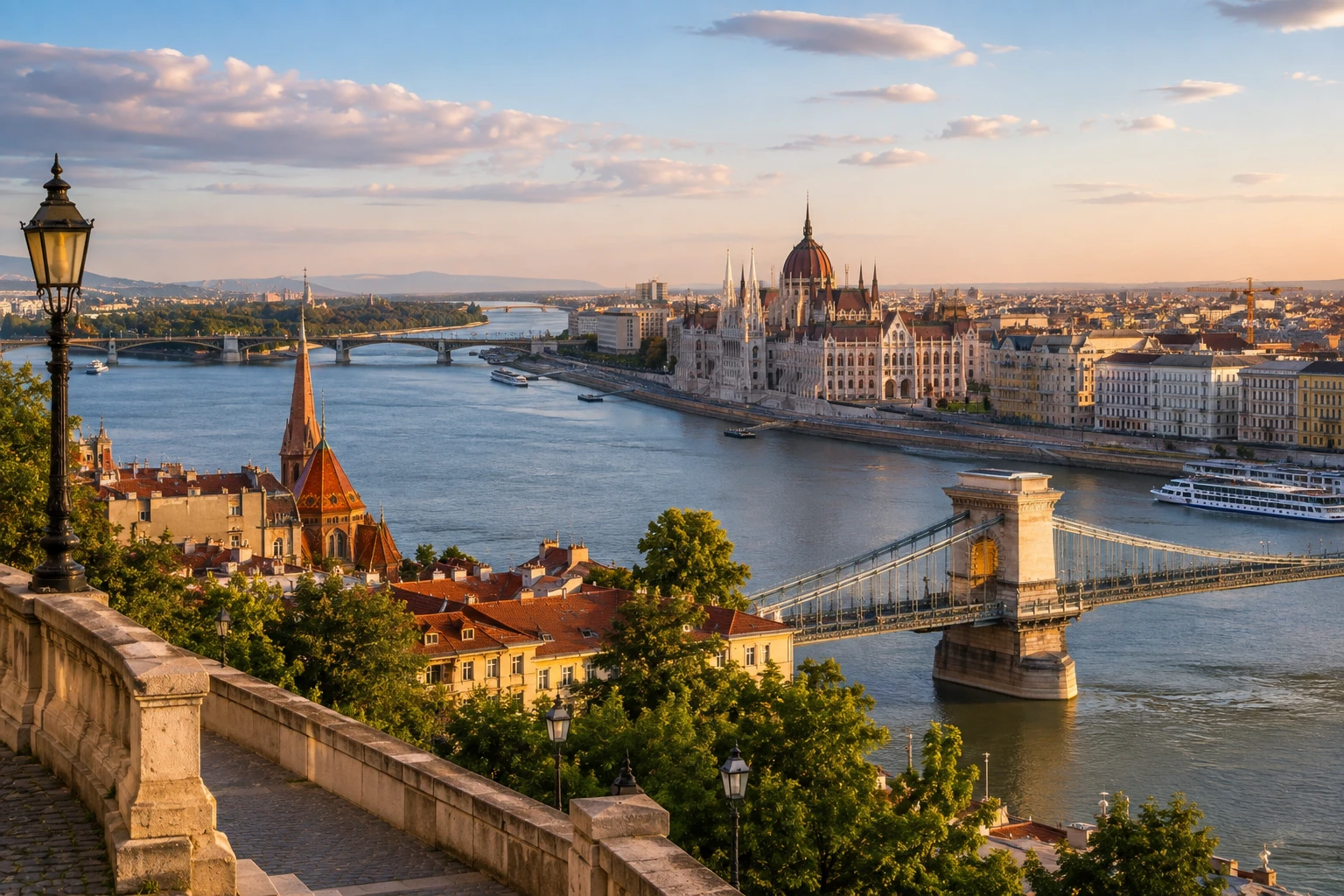 Budapest's Chain Bridge and Parliament building along the Danube at sunset