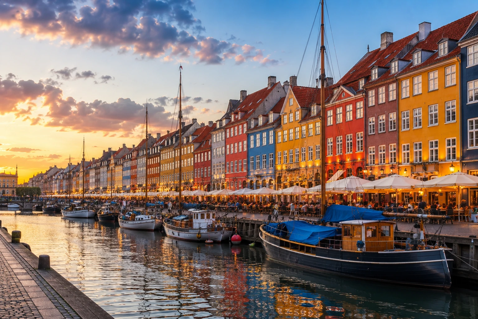 Nyhavn's colorful waterfront houses and boats at sunset, Copenhagen