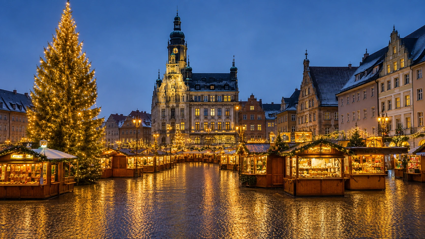 A snowy German Christmas market at dusk, lit stalls beneath the town hall's clock tower