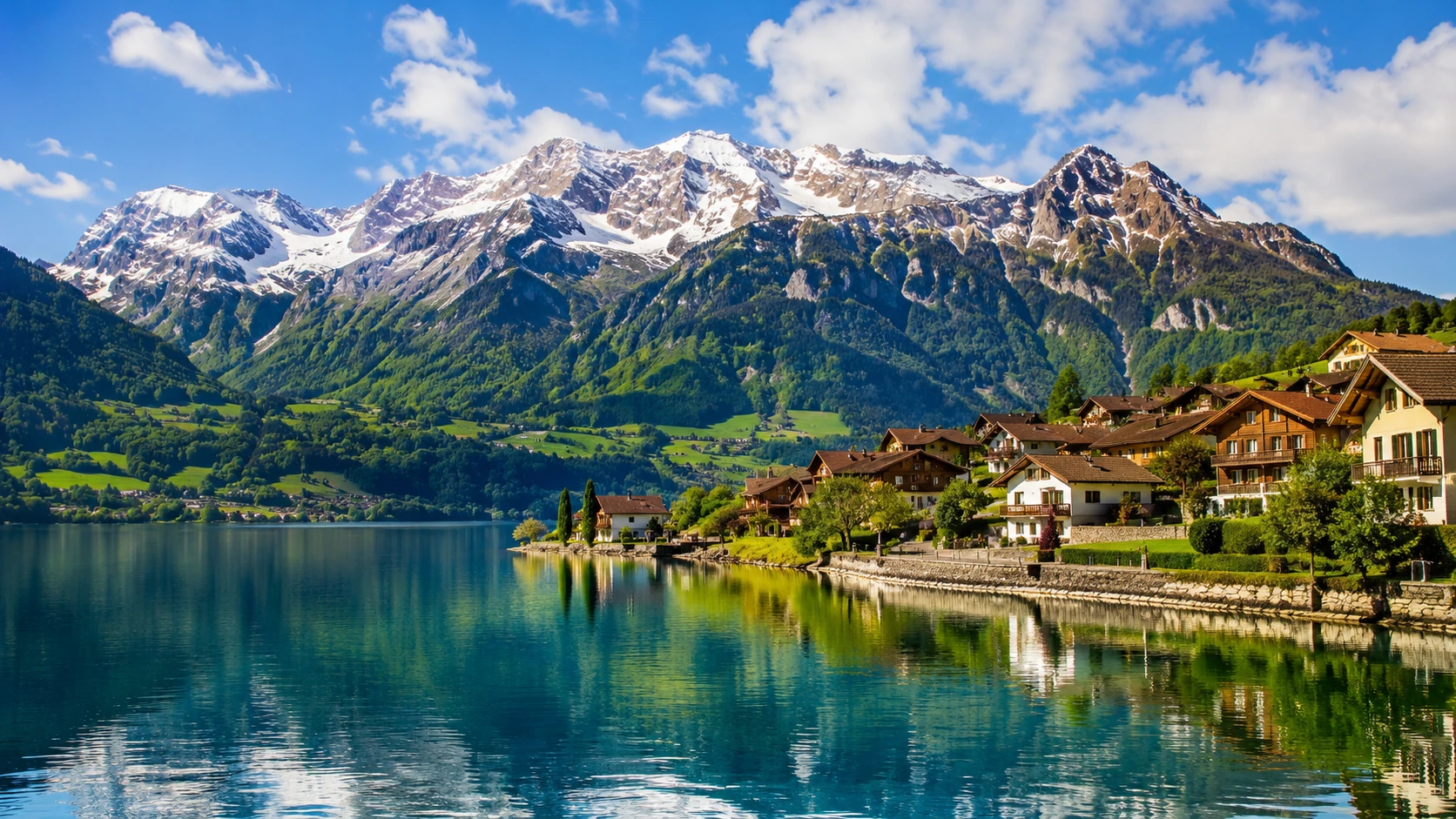 A lakeside Swiss village of chalets beneath snow-capped Alps
