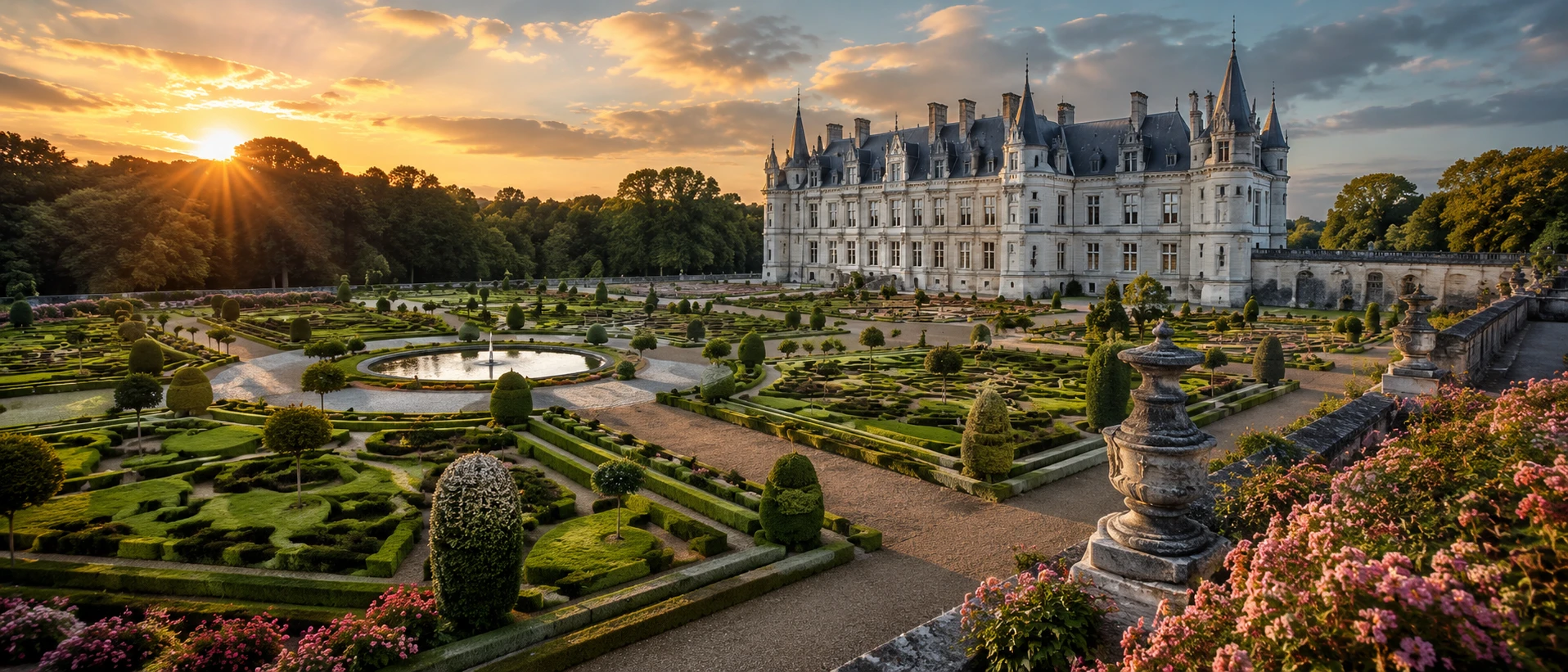A grand Loire Valley château overlooking manicured formal gardens at sunset