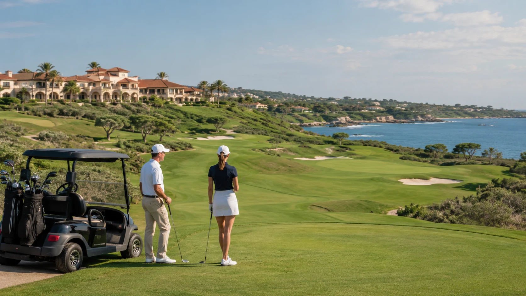 A couple pausing on a clifftop coastal golf course beside a Mediterranean-style resort
