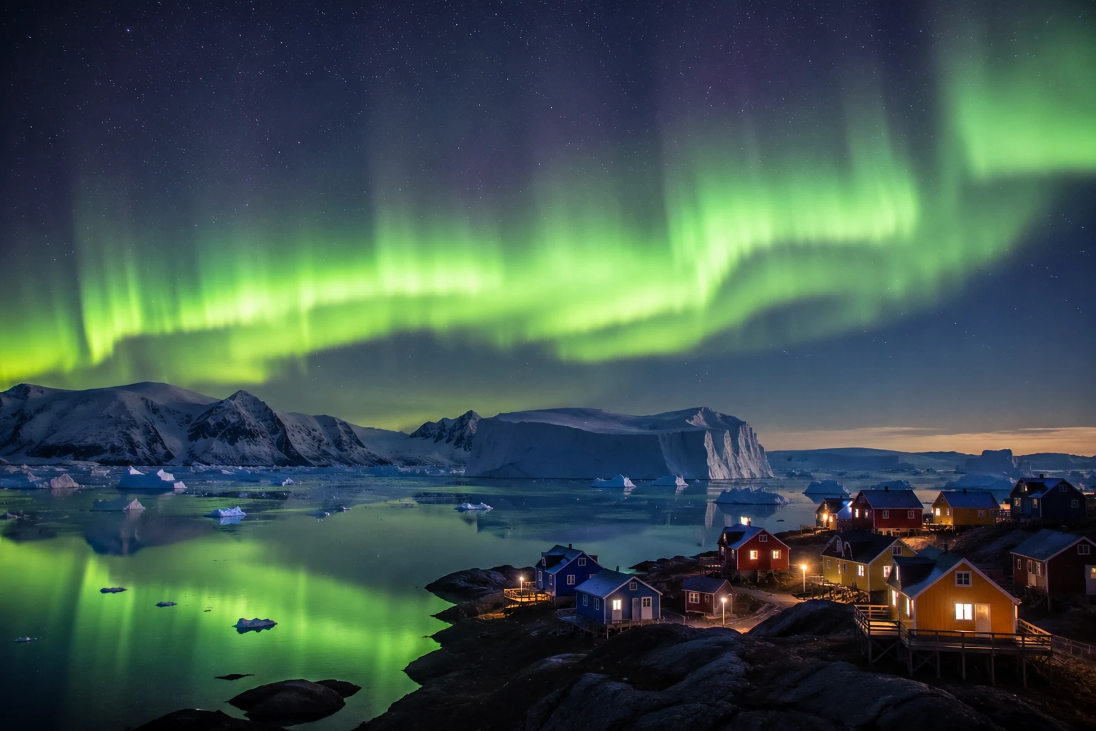 Aurora over a colourful Greenlandic settlement with icebergs in the fjord below