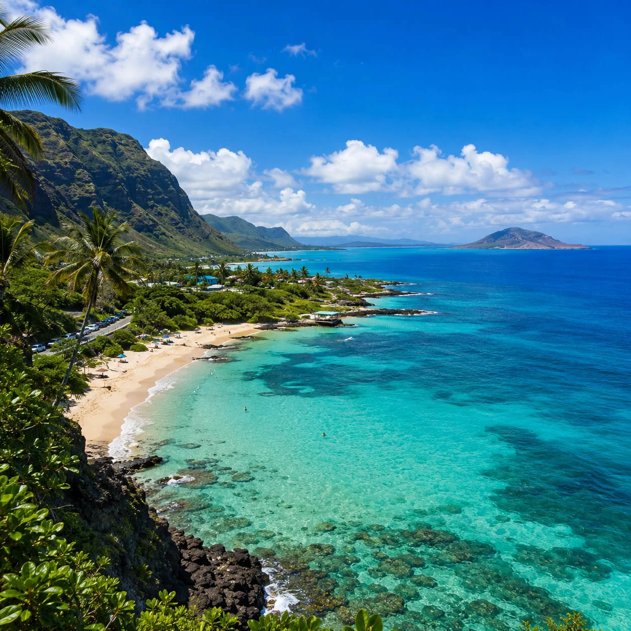Turquoise coastline and palm trees along Oahu, Hawaii