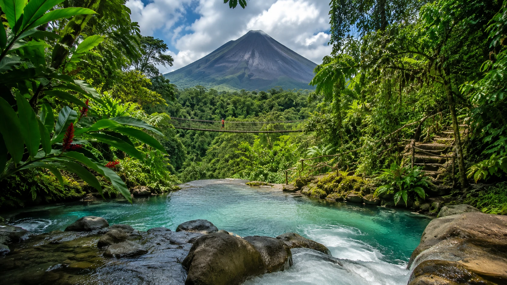 Rio Celeste's turquoise river and a suspension bridge beneath Arenal Volcano, Costa Rica