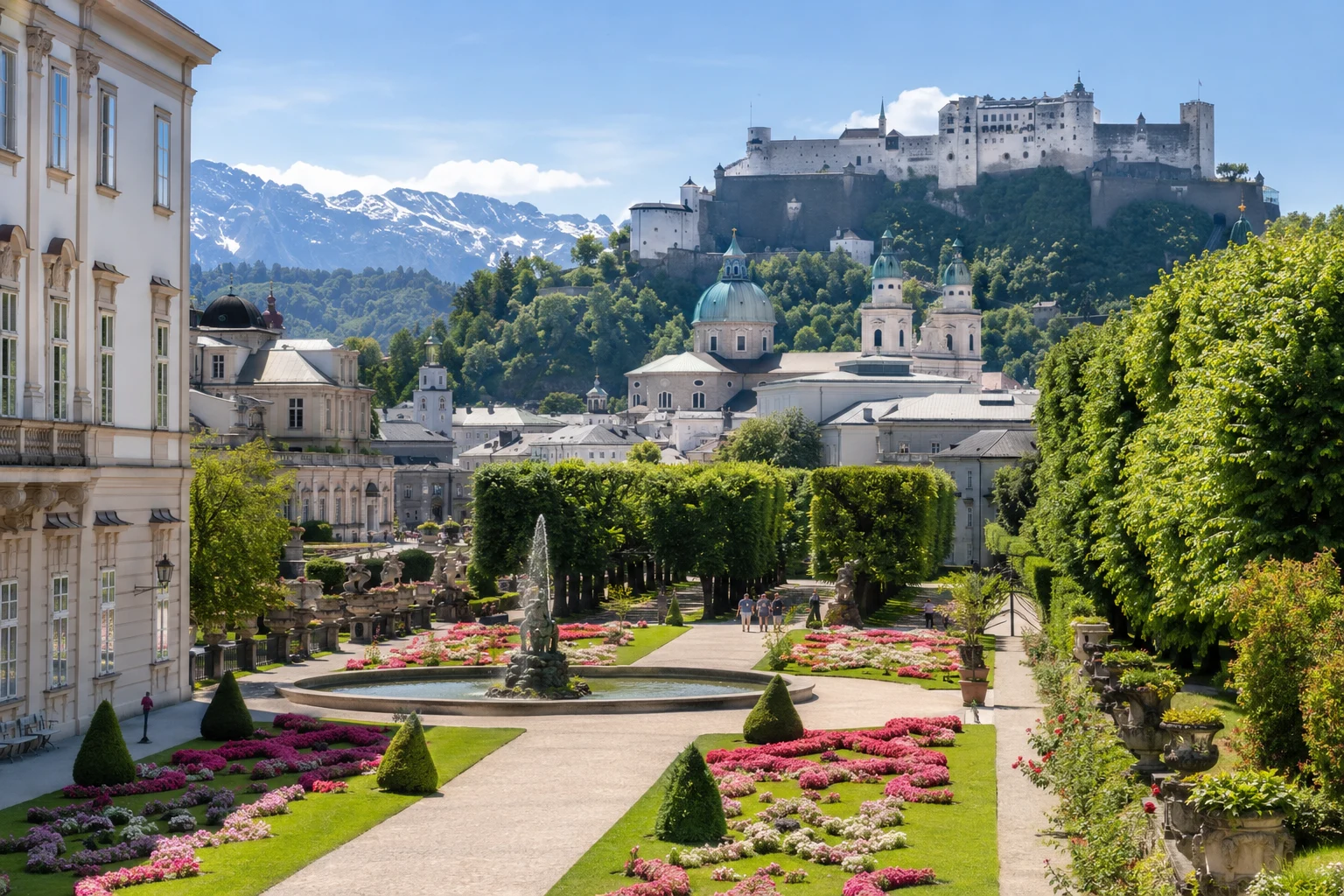 Mirabell Gardens in Salzburg, Austria, with Hohensalzburg Fortress on the hill above the city