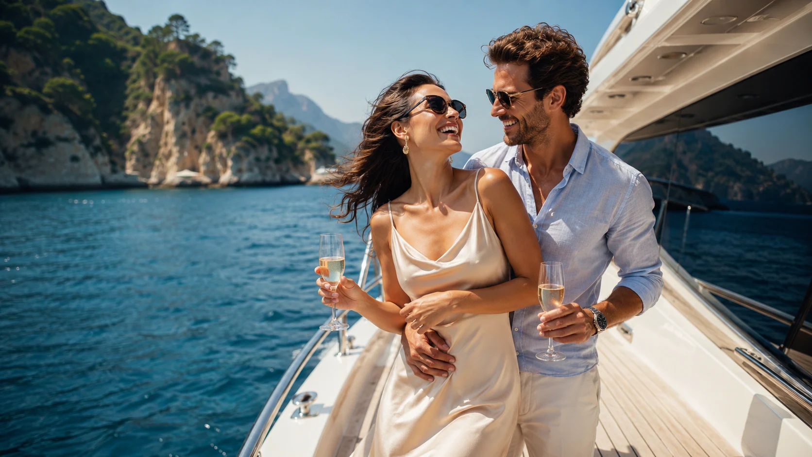 A couple with champagne on the deck of a private yacht along a rugged Mediterranean coastline