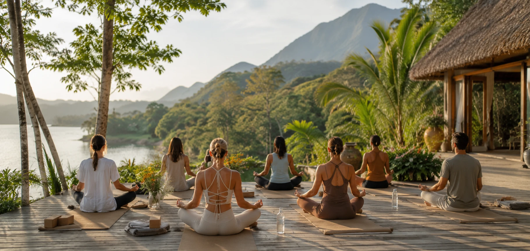 Group practicing yoga on a terrace overlooking mountains and a lake