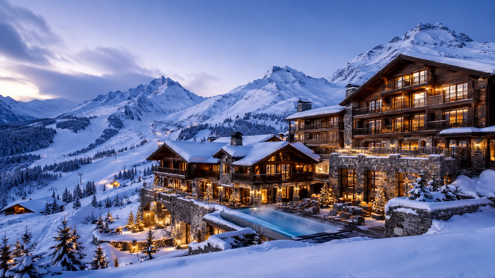A luxury alpine lodge with a heated pool glowing at dusk beneath snow-capped mountains