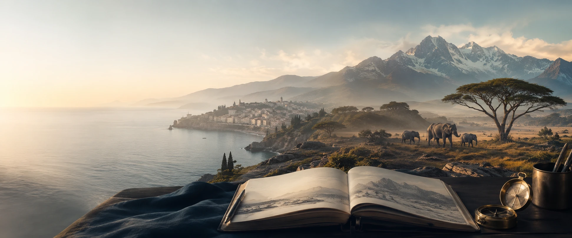 An open travel journal overlooking a coastal town, mountains and a family of elephants at golden hour